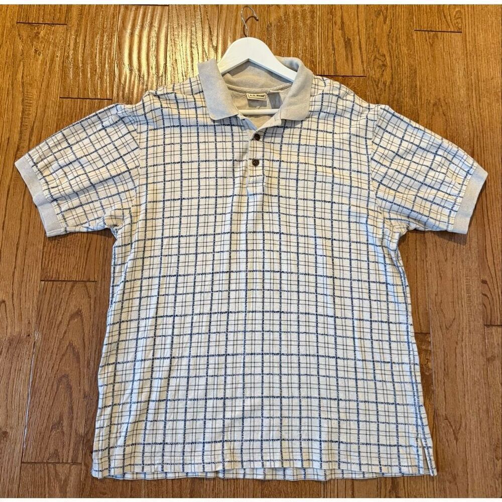 L.L. Bean vintage linen windowpane checkered polo shirt large - Picture 7 of 10